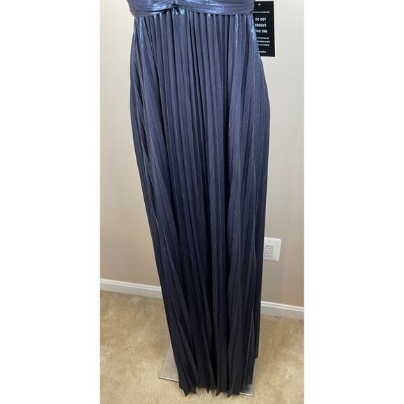Retrofete Zinnia Ruched Pleated Metallic Lame Ink Blue Maxi Dress Size Small - Picture 5 of 9